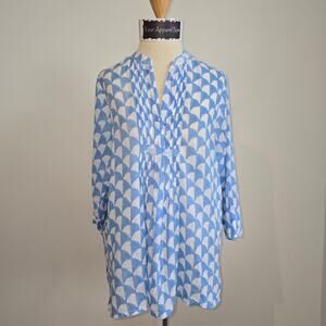 OLIPHANT White & Blue 3/4" Sleeve V Neck CottonTunic Blouse Sz M